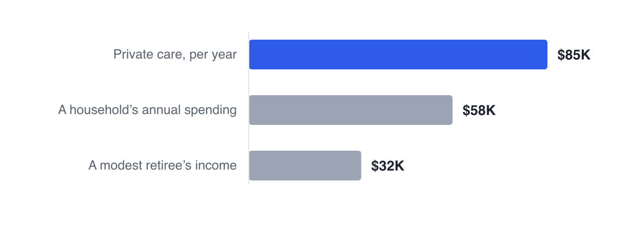 A private long-term care cost of $85,000 a year is close to a whole household's $58,000 of annual spending and far above Ellen's $32,000 total income — which is why it is the health cost that changes a plan rather than a budget line.